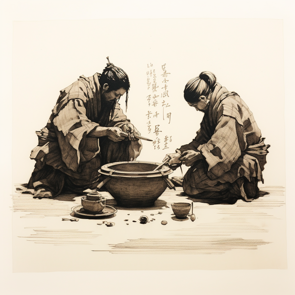 Two samurai bowing to a bowl of soup, pen drawing