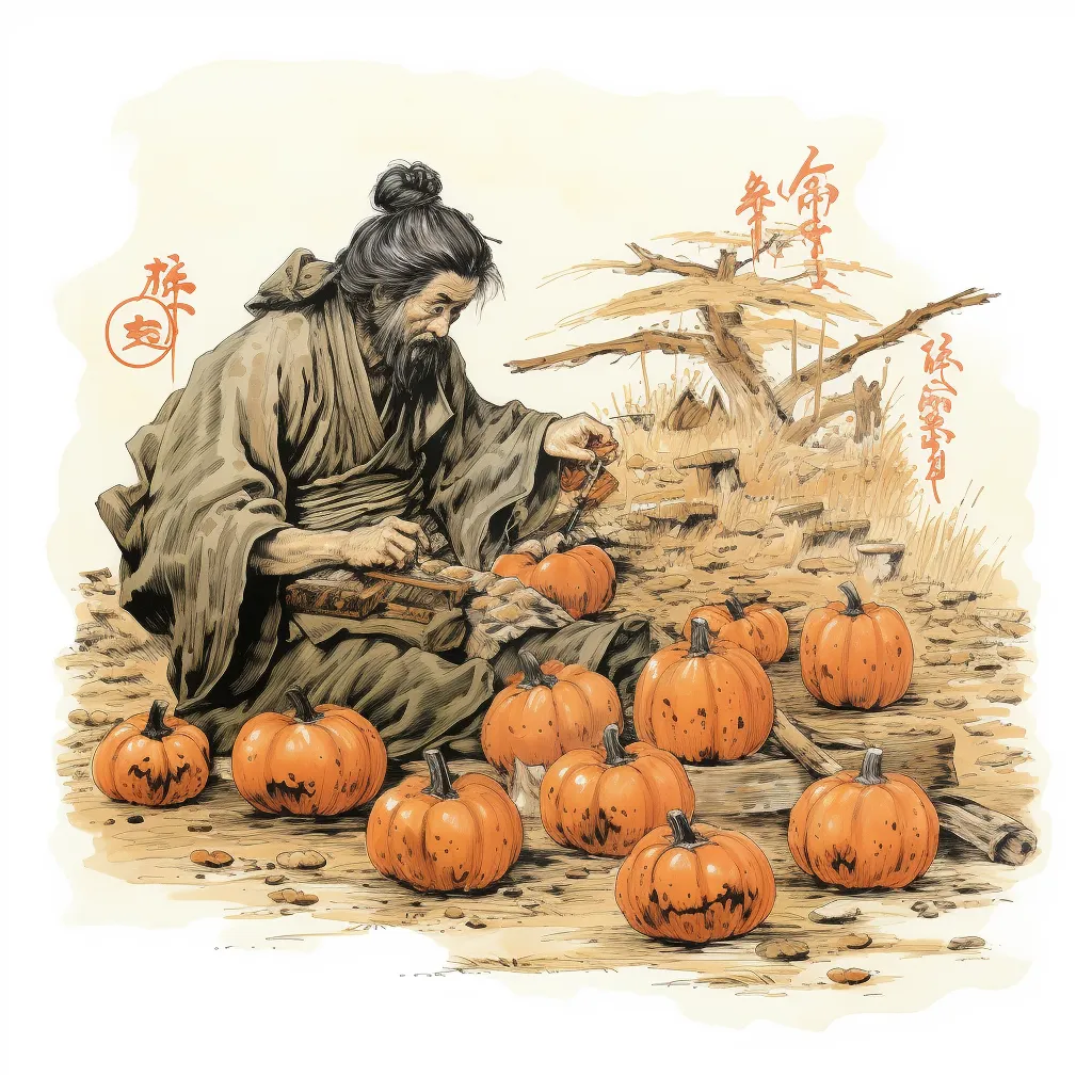 Samurai harvesting hokkaido pumpkin, pen drawing
