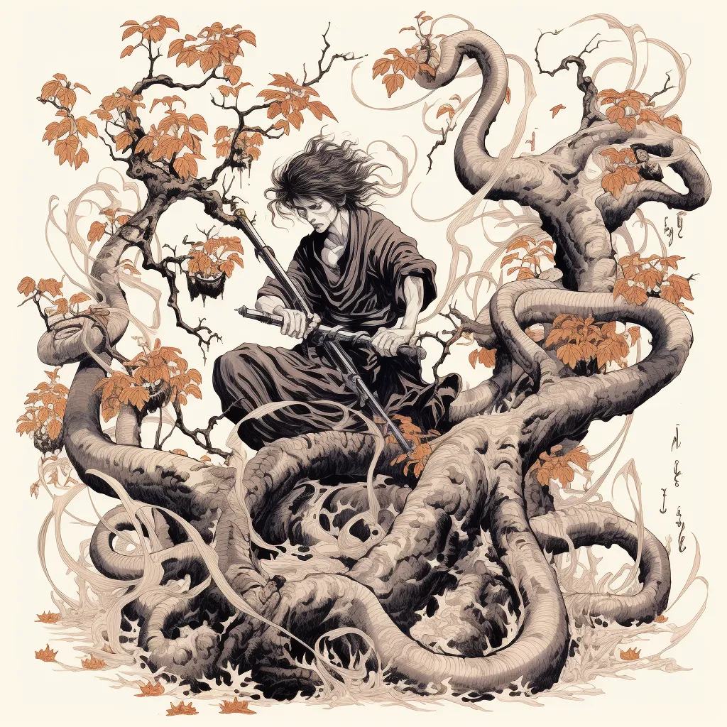 Samurai caught in evil vines, pen drawing