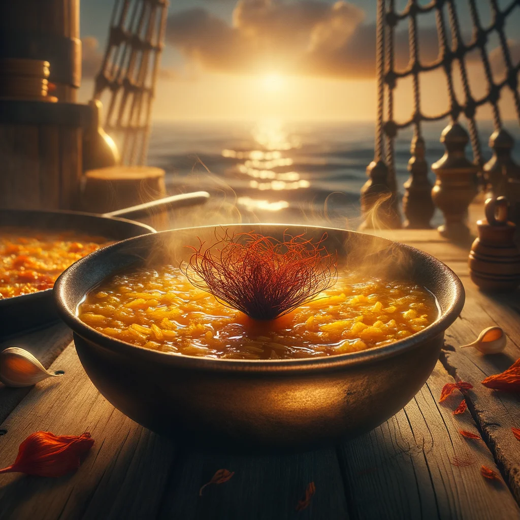 Paella cooking over high heat with seafood