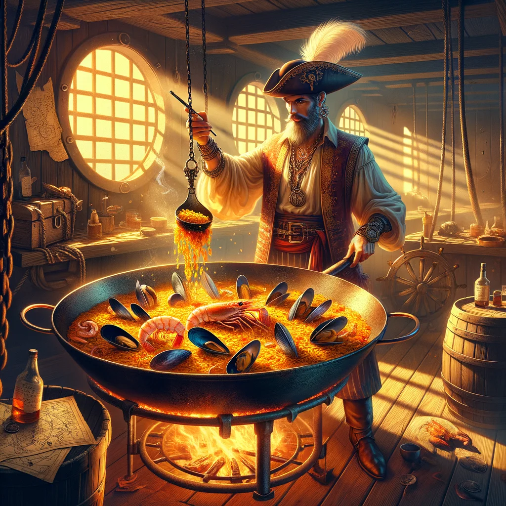 Pirate's Plunder Seafood Paella in a traditional paellera pan