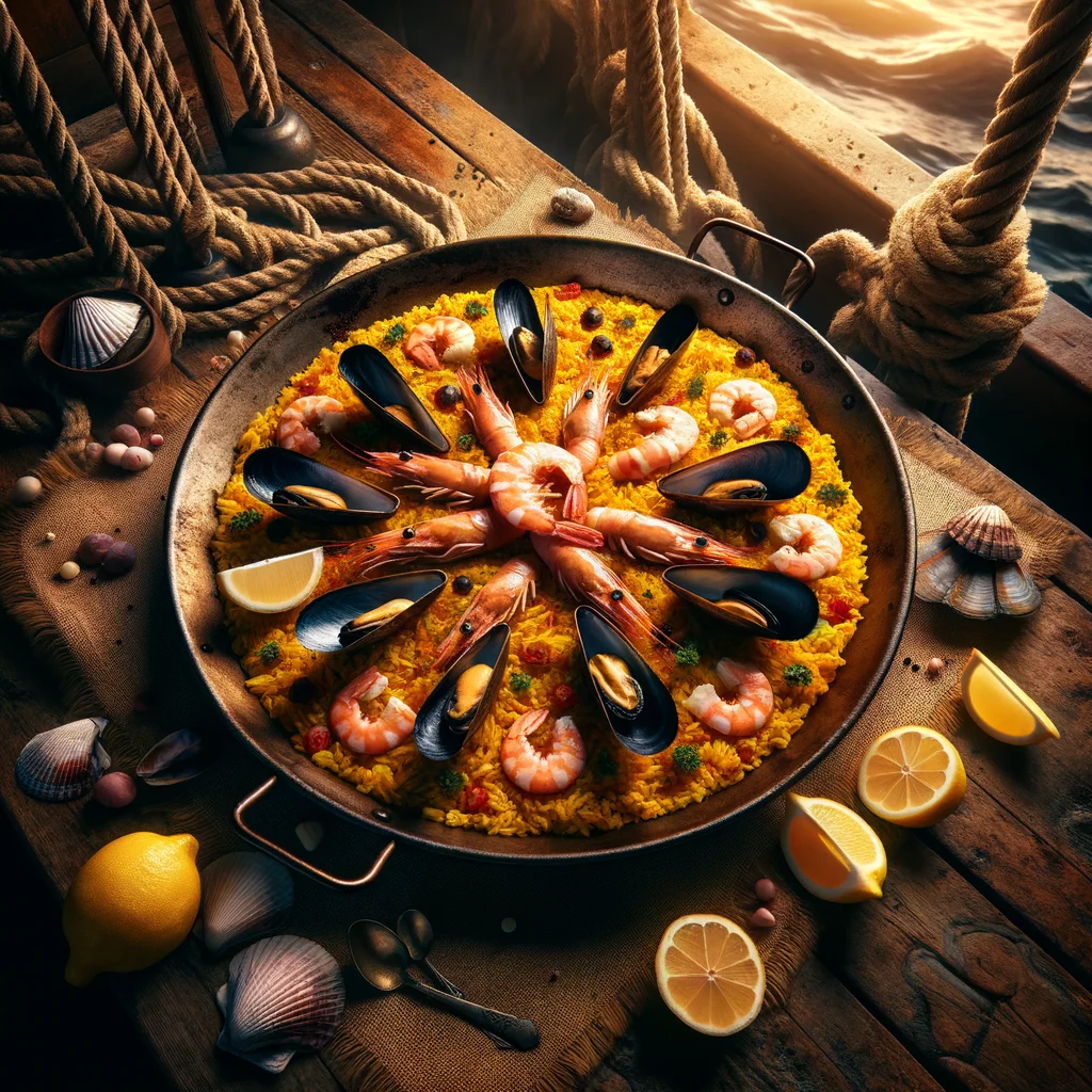 Finished Pirate's Plunder Seafood Paella plated and ready to serve