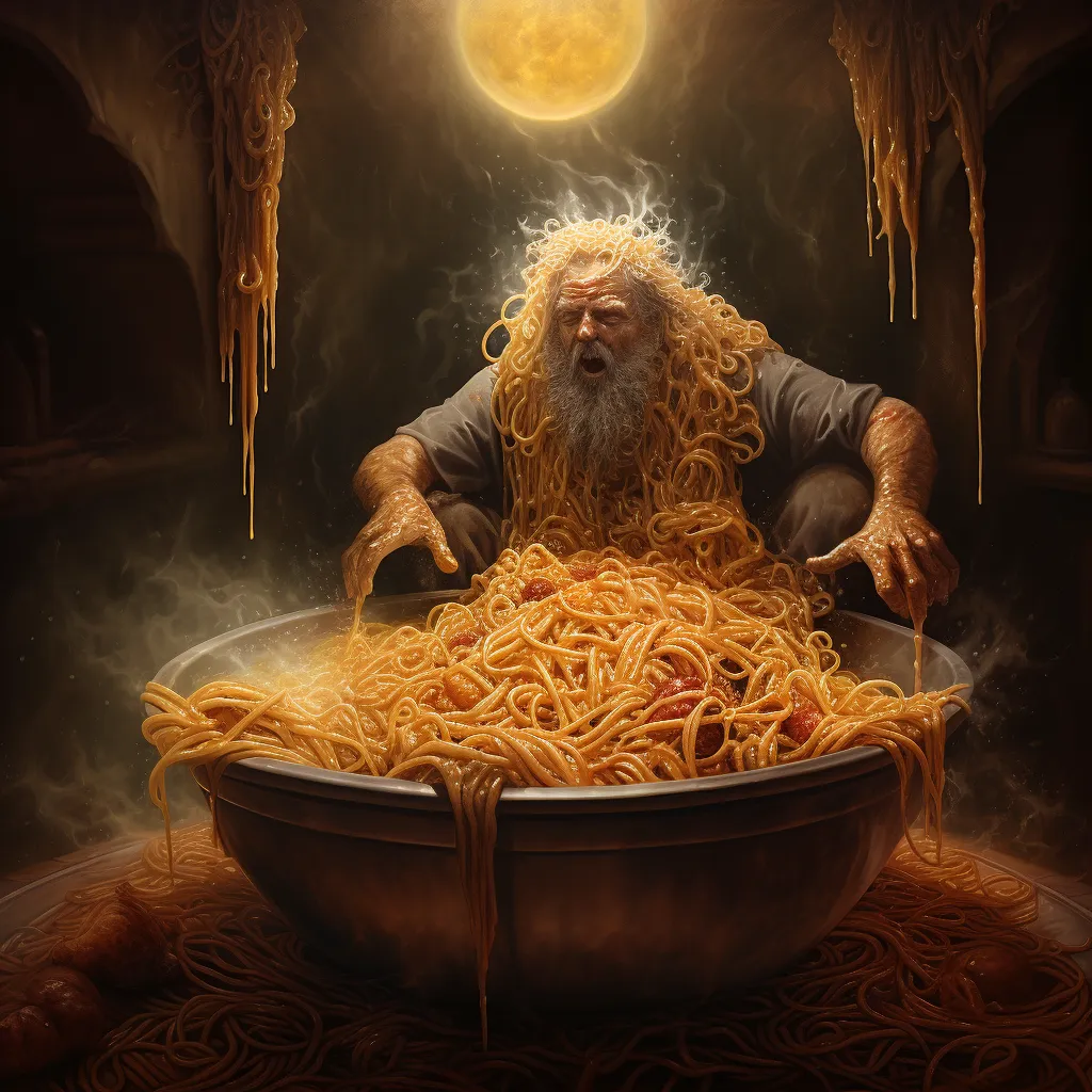 Cook drowning in a big bowl of spaghetti