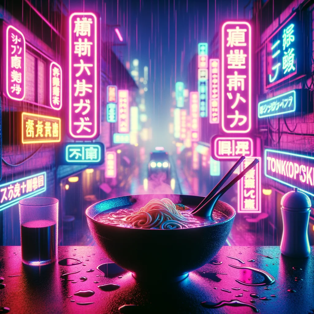 Cyberpunk neon ramen with glowing broth and chrome toppings