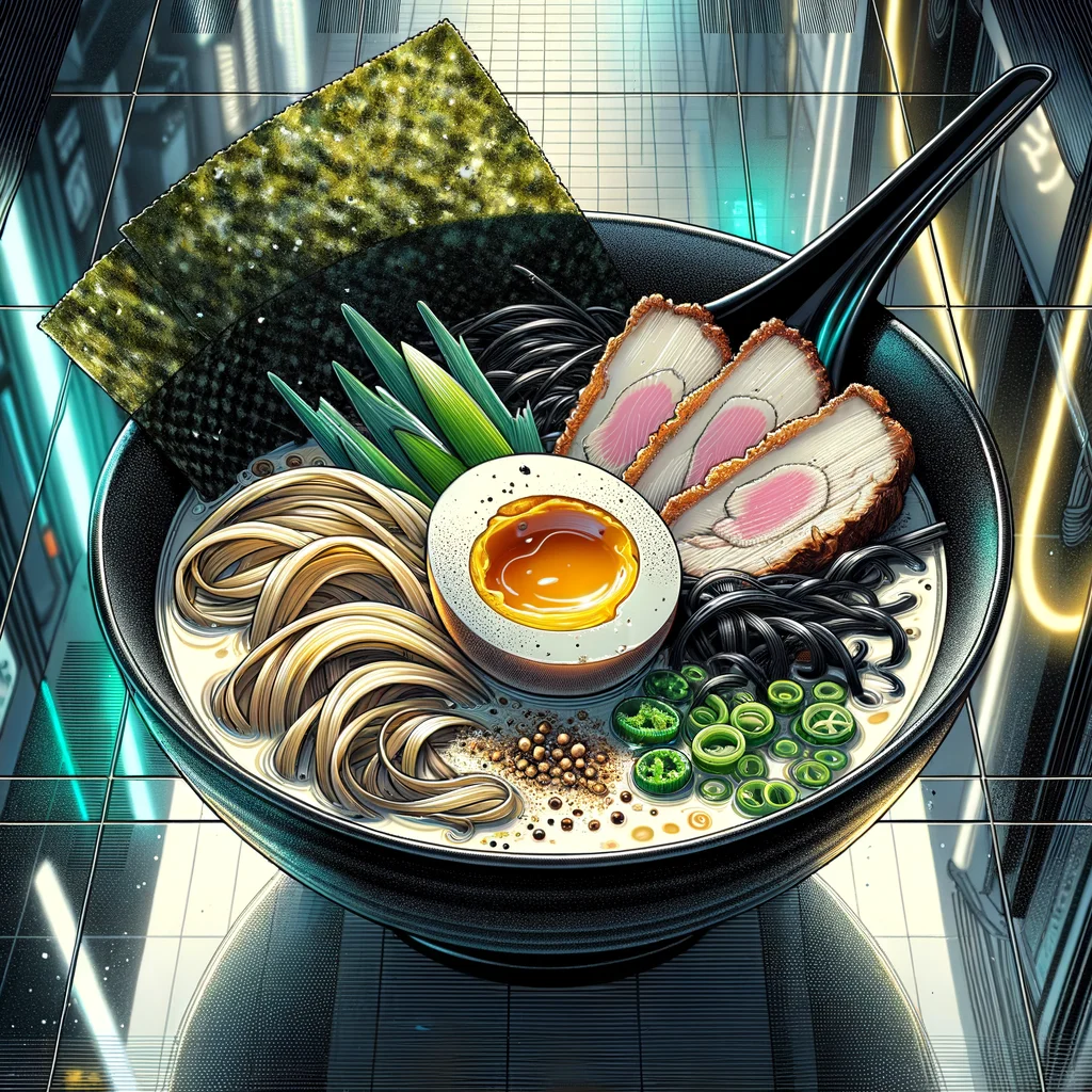 Finished cyberpunk ramen in a deep bowl with neon toppings