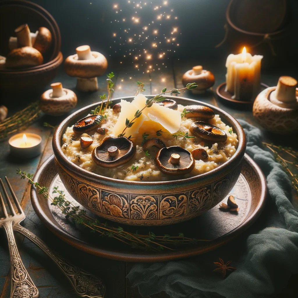 Finished risotto plated in a warm bowl