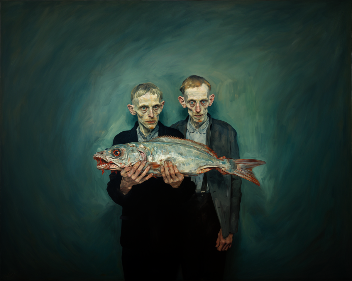 Two gentlemen holding fish, Van Gogh style