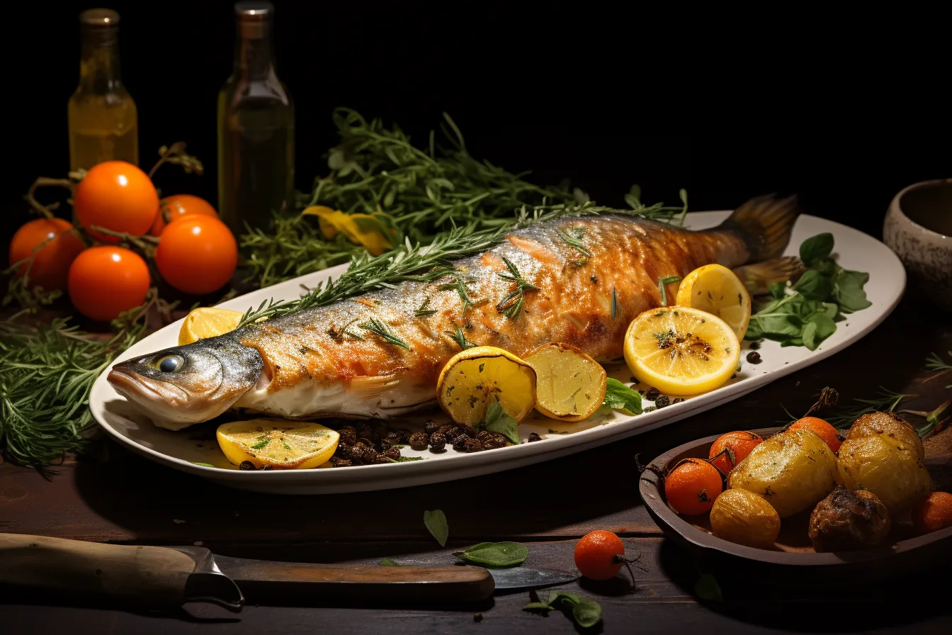 Baked trout with potatoes, fine dining