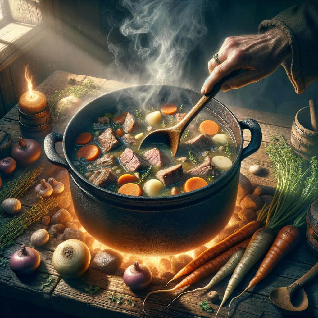 Lamb stew simmering in a cauldron over fire
