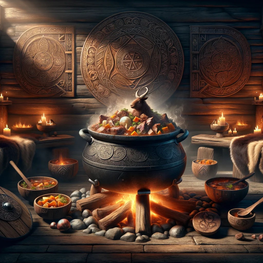Viking's thunderous lamb stew in a cauldron