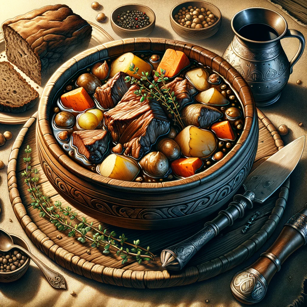 Finished Viking's lamb stew plated in a bowl